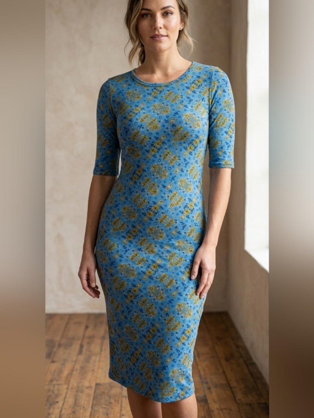 LuLaRoe Blue Midi Sheath Dress with Crew Neck